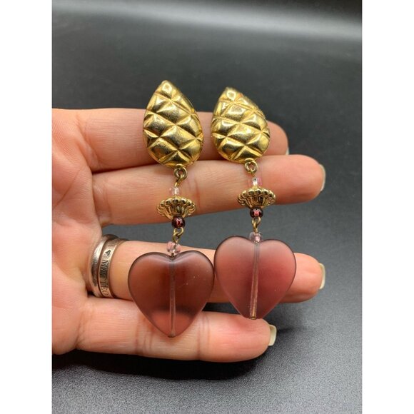 Gold Tone and Frosted Hearts Dangles Clip On Earrings Long Statement Earrings - Picture 3 of 6